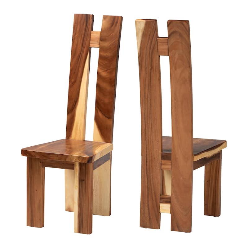 Lin Suar Wood Dining Chair Set of 2 - Handcrafted Solid Wood Chair with Natural Grain Pattern, Rustic Modern Accent Seating - Brown