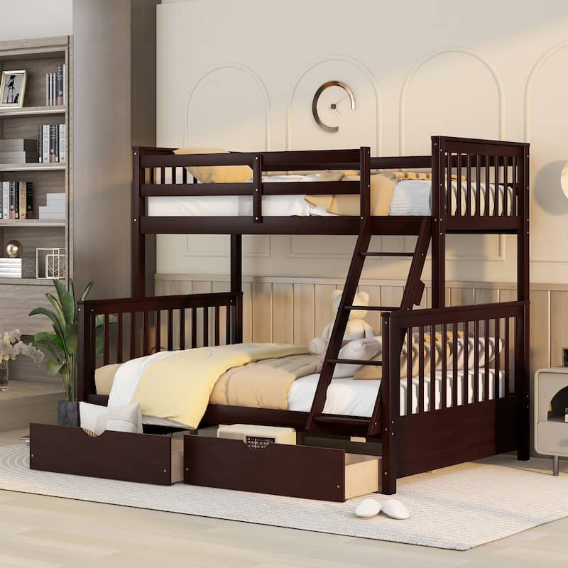 Twin-Over-Full Bunk Bed with Ladders and Two Storage Drawers in Espresso - Espresso