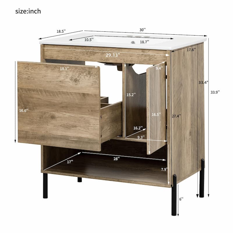 30" Modern Wood Fixture Bathroom Vanity, Bathroom Cabinet with Sliding Drawer