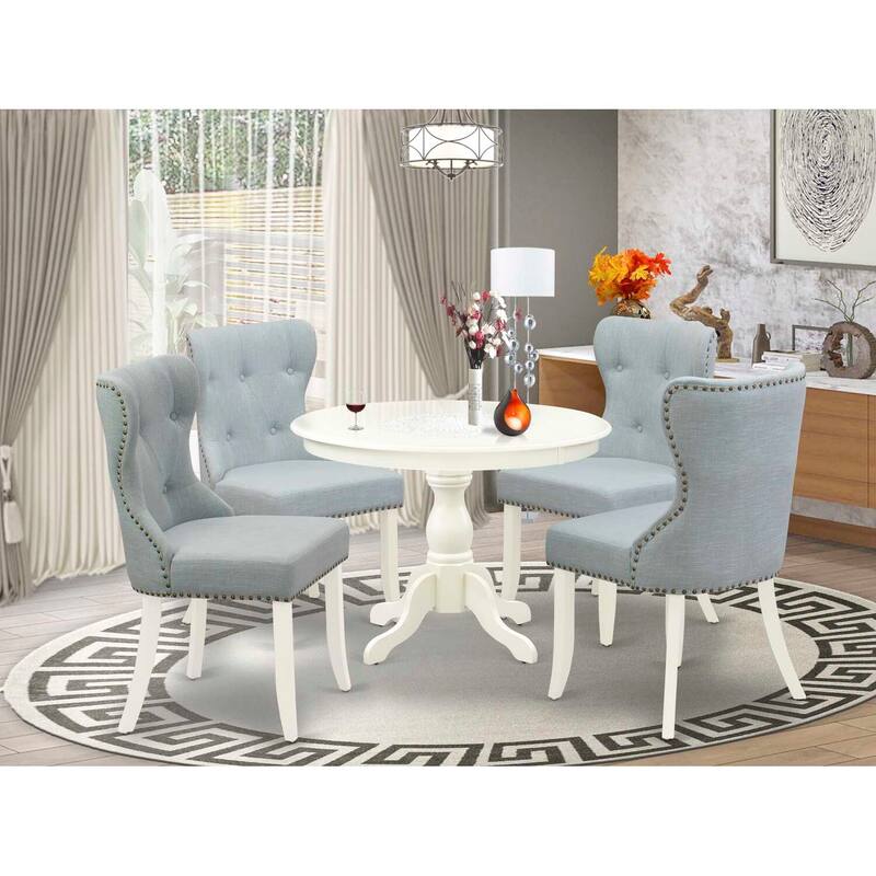 HomeStock 5-Piece Linen White Finish Solid Wood Top Dining table with 4 Chairs