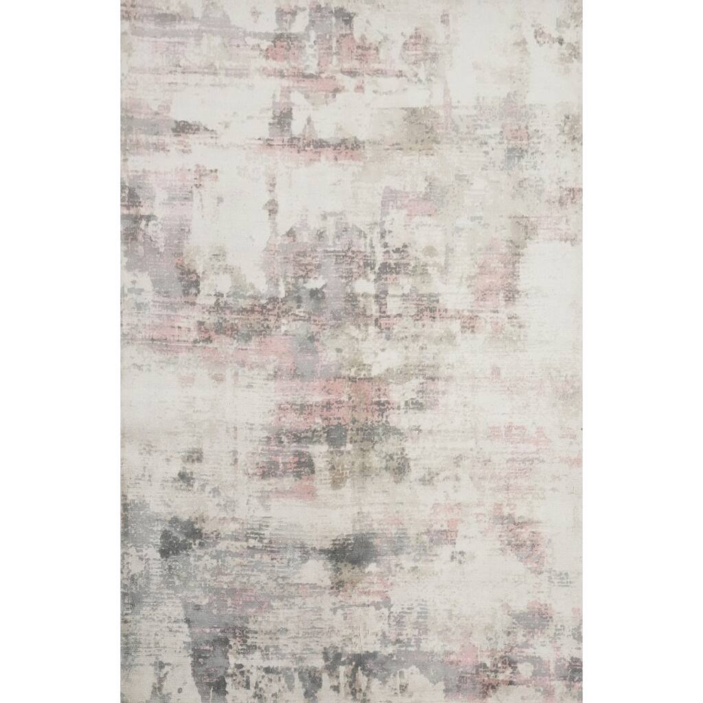 Hand Knotted Oriental Viscose Silk Carpet Modern Abstract Beige & Ivories Abstract Area Rug - 6' 7'' X 4' 9''
