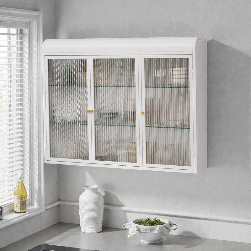 Arched 3-Door Wall Mounted Glass Cabinet for Kitchen, Bathroom and Living Room Storage Display - White