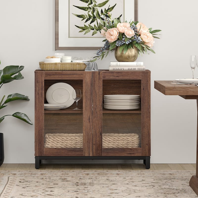 WAMPAT Multifunctional Sideboard Buffet Cabinets with Glass Doors, Modern Sideboard with Adjustable Shelf, Coffee Bar Cabinet - 1PCS - Brown