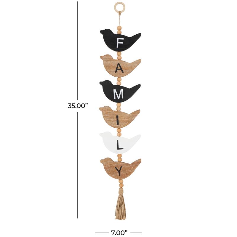Brown or Black Wood Handmade Family Sign Bird Wall Decor with Tassel and Bead Accents