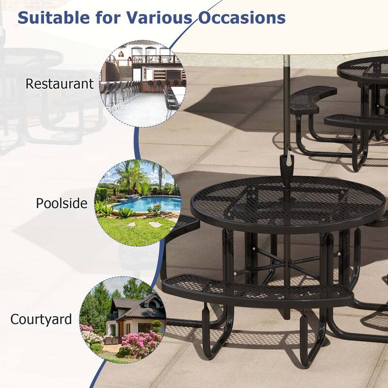 Coated Steel Camping Table Outdoor Round Table & Bench Set for 8