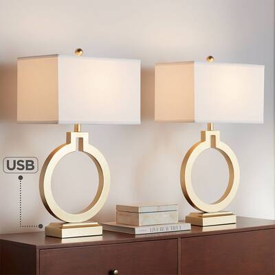 Set of 2 Modern Table Lamps with USB Port Gold Rectangular White - 16" x 28.5"