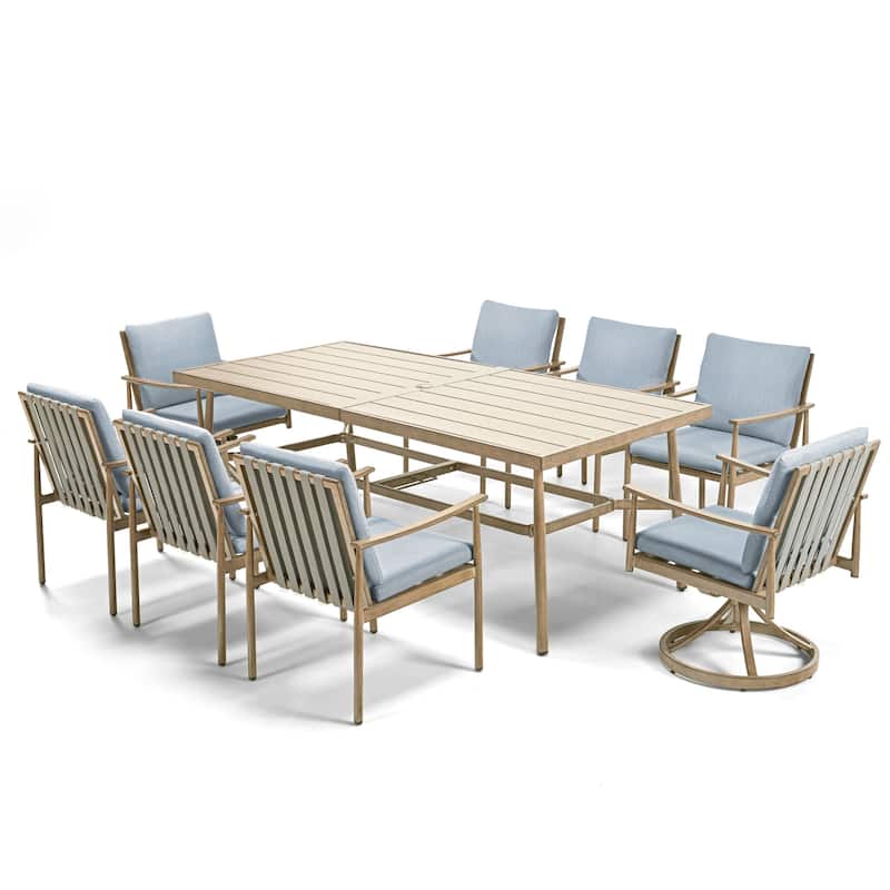 SleekLine 9-Piece Aluminum Patio Dining Set with Webbing Chair Back and Removable Cushions