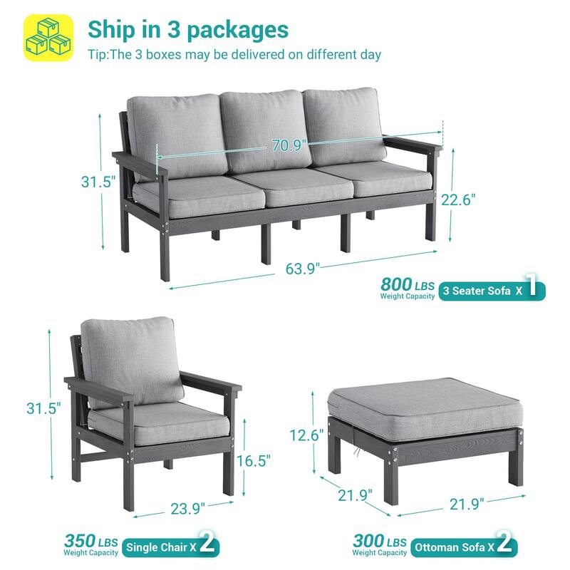 HIPS Outdoor Sofa Set with 3.9 Inch Cushions & Ottoman (Set of 5)