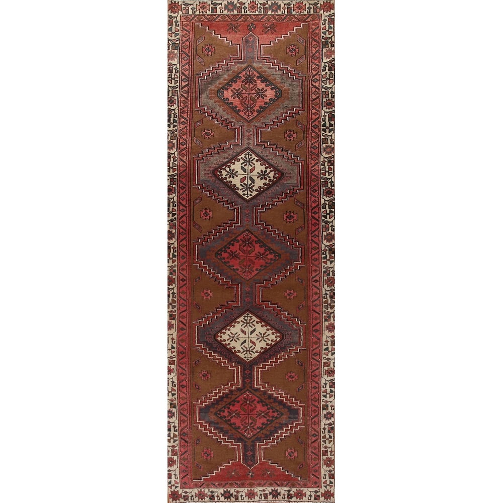 Brown Ardebil Persian Vintage Runner Rug Hand-knotted Wool Carpet - 3'0"x 11'0"
