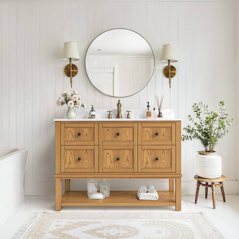 48 Inch Single Bathroom Vanity with 6 Drawers, Marble Top Bathroom Vanity with Sink in White