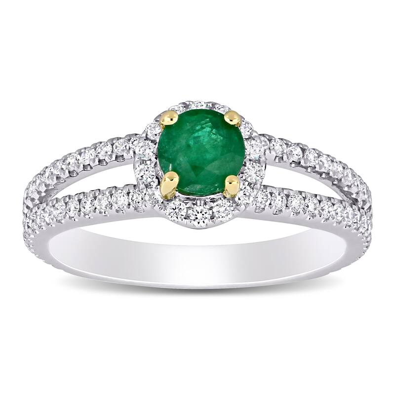 Miadora 14k 2-tone White & Yellow Gold Emerald & 1/2ct TDW Diamond Halo Split Shank Engagement Ring