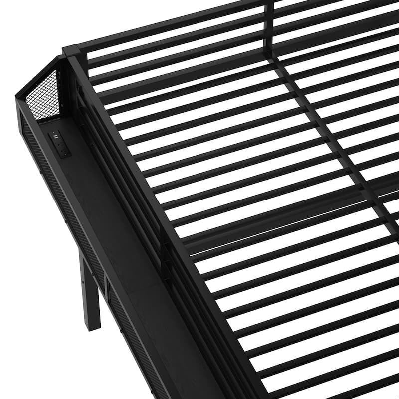 Queen Loft Bed with Storage Stairs, Shelves and Built-in Wardrobe, Metal Loft Bed Frame with USB Ports and LED Lights