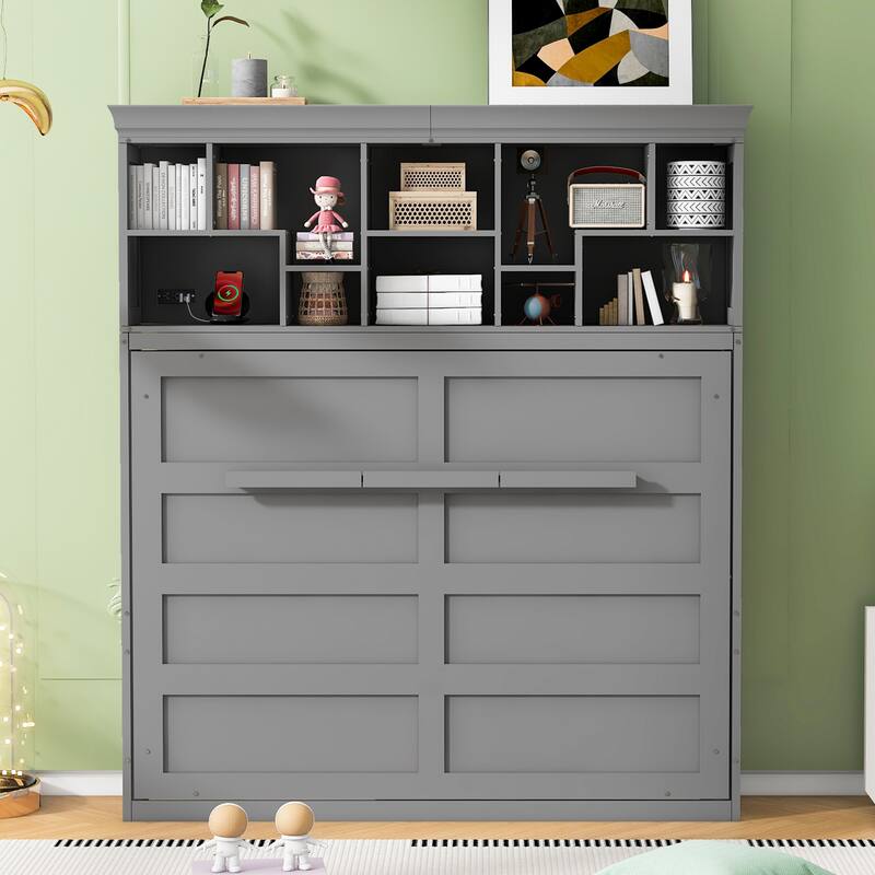 Queen Size Foldable Murphy Bed Convert to Cube Wall Cabinet Bed with Top Storage Shelves & USB for Guestroom, Space Saving - Gray - Queen