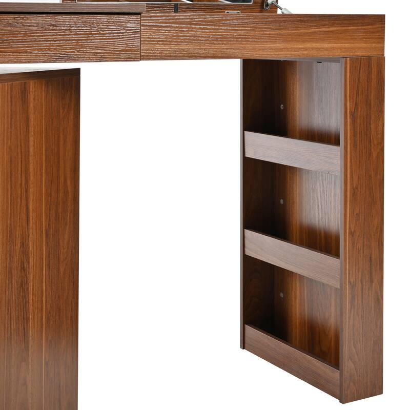 Vanity Desk with Mirror & Lights, Convertible L-Shape Makeup Table, Vanity Table with Flip-Top Tabletop, 3 Shelves & 7 Drawers