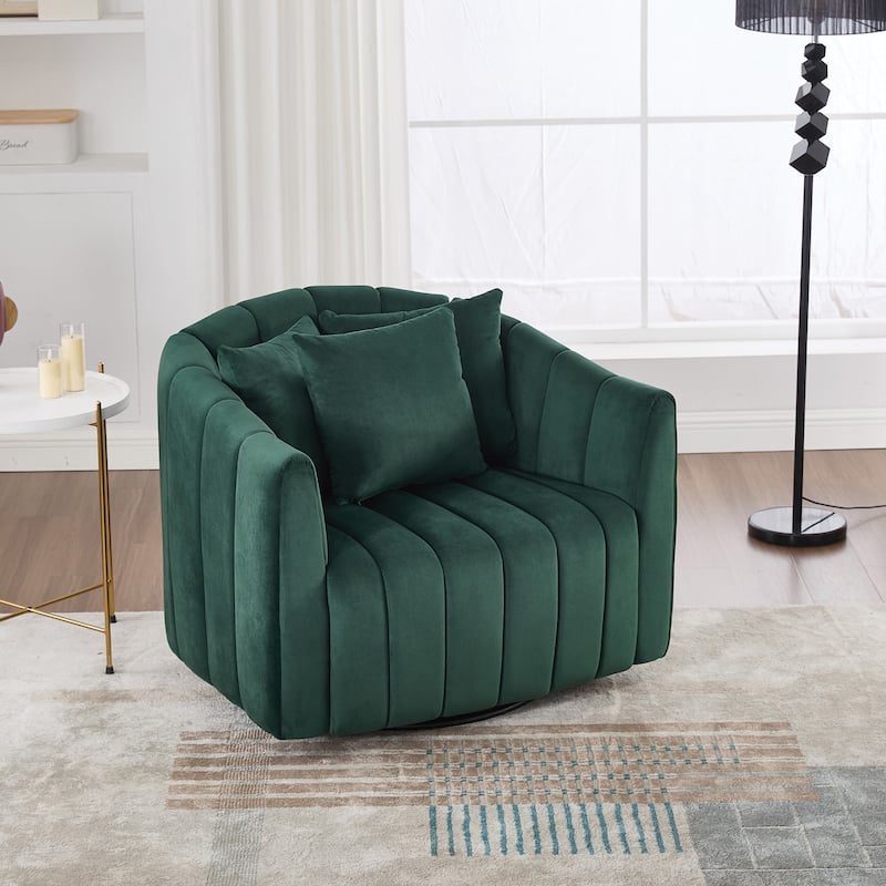 Upholstered Oversized 360° Swivel Accent Barrel Chair and Half Cozy Sofa with Pillows, Channel Pumpkin-Shape Club Armchair