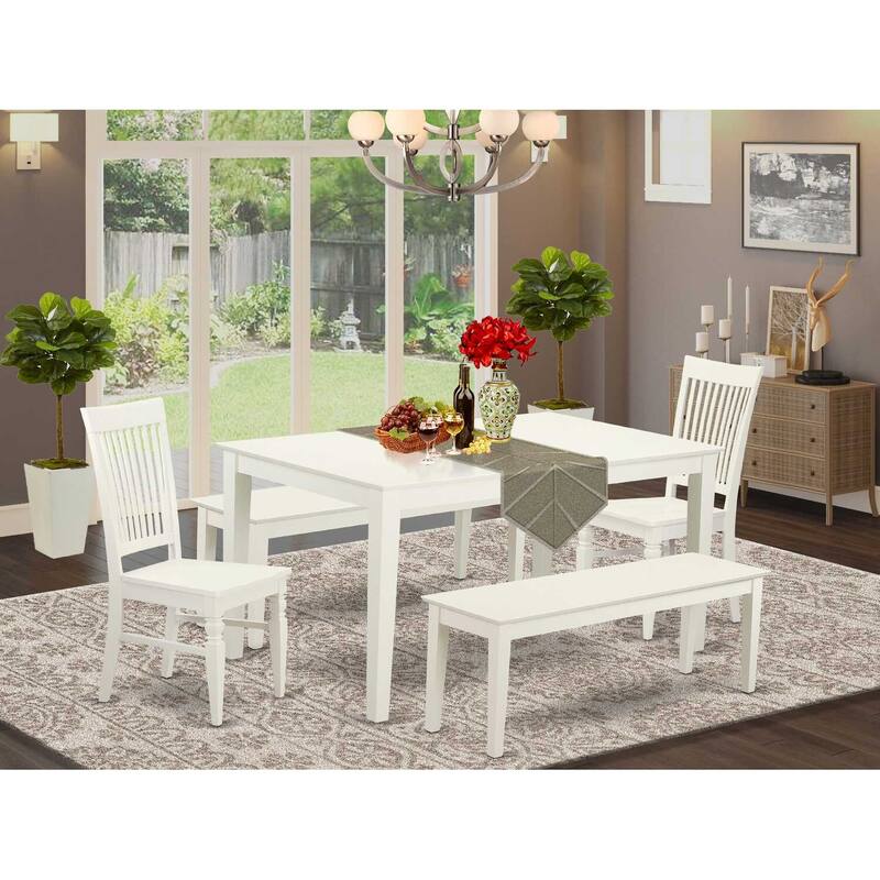 HomeStock 5-Piece Rectangle Linen White Finish Solid Wood Top Dining Table with 2 Benches, 2 Chairs with Lattice Back