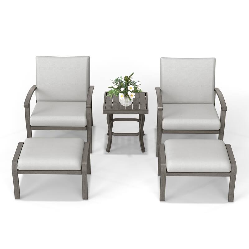 5-Piece Aluminum Patio Conversation Set with End Table, Ottoman and Light Gray Cushions - Grey