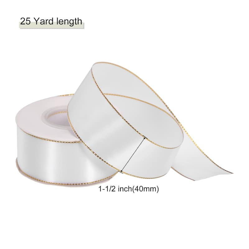 Satin Ribbon with Gold Edges Border Grosgrain Fabric Ribbon for Decor - White - 1 1/2 Inch x 25 Yard