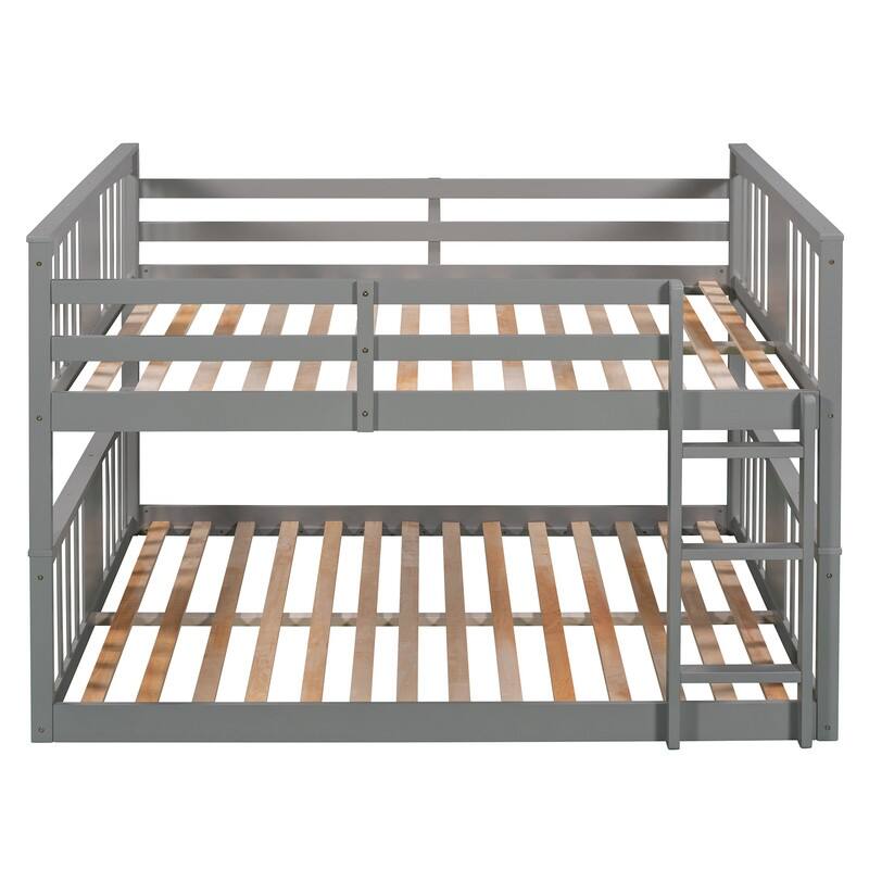 Low Bunk Beds Full Over Full Wood Bunk Bed Frame Floor Bunkbed for Kids Toddlers Boys Girls Teens' Bedroom Dorm
