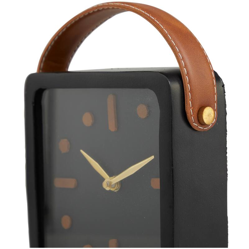 Black Metal Small Decorative Clock with Leather Handle and Hour Markers
