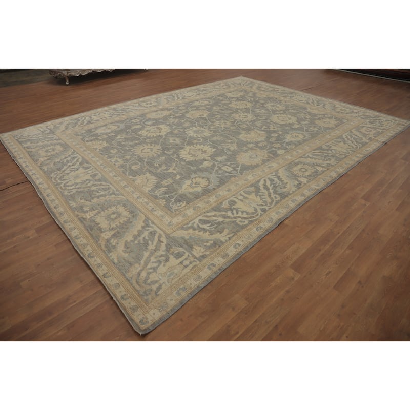 All-Over Gray Floral Oushak Vegetable Dye Large Rug, Floral Geometric Carpet - 13' 10'' X 10' 1''