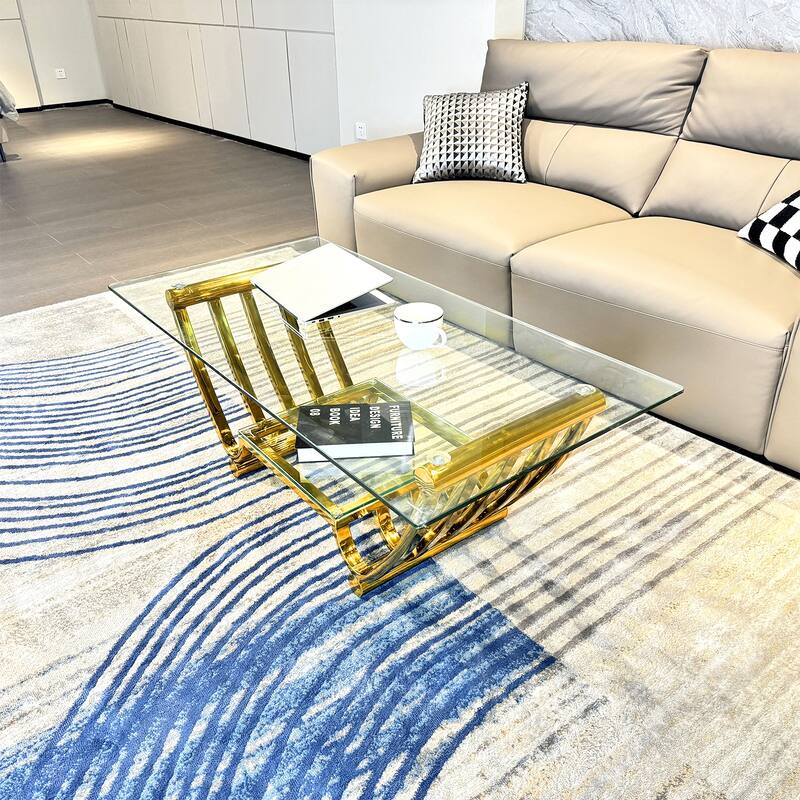Modern Stainless Steel Double-Layer Clear Tempered Glass End Table Coffee Table for Bedroom Living Room