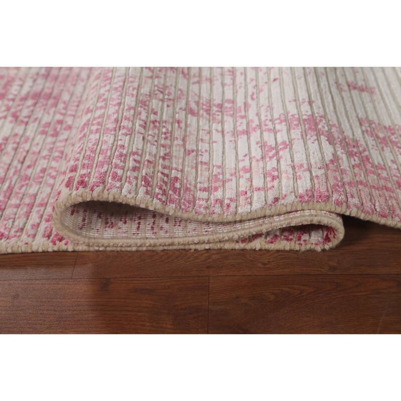 Striped Pink Abstract Modern Area Rug Hand-Knotted Wool Carpet - 6'5"x 9'8"