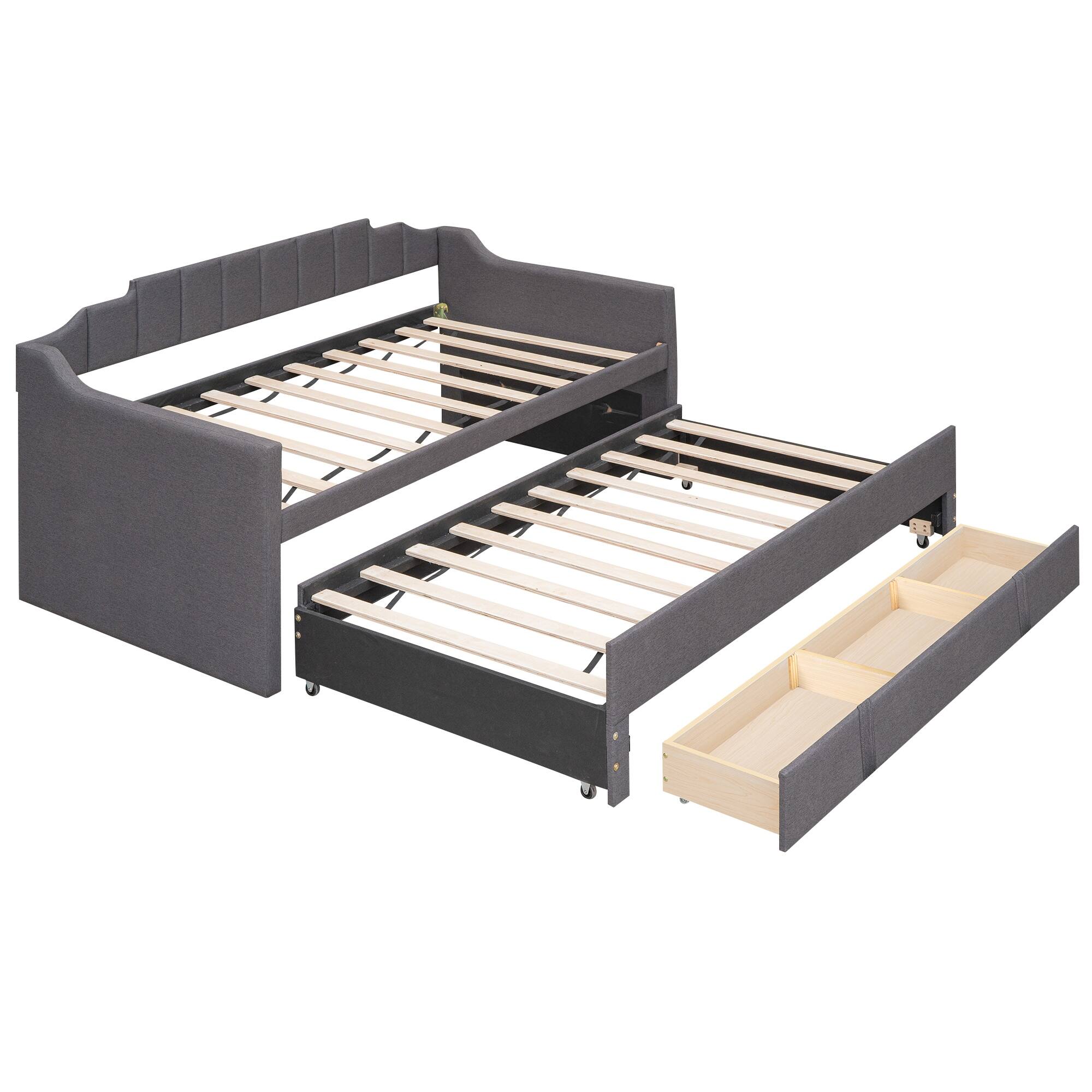Twin Size Upholstered Daybed with Trundle and 3 Drawers, Solid Wood