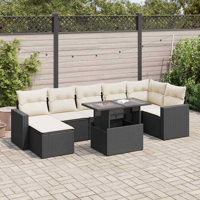 vidaXL Patio Sofa Set with Cushions Outdoor Furniture 8 Piece Poly Rattan - Black and Cream-with storage - 21.7 x 39.4 x 28.7