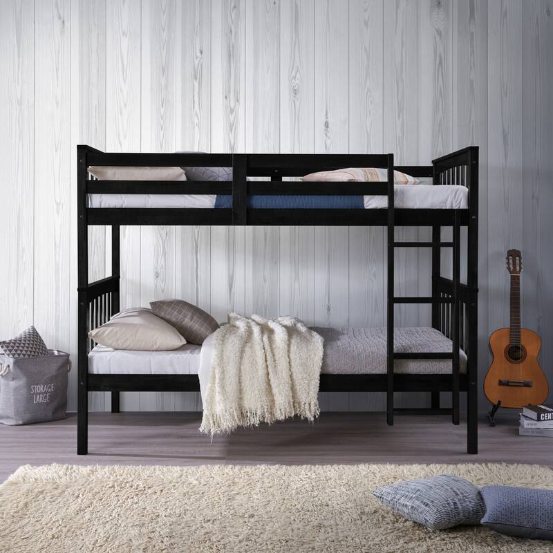 Clayfell Ames Twin Over Twin Solid Wood Bunk Bed Frame, Convertible, Sturdy Guardrails, Easy Assembly - Black - Twin
