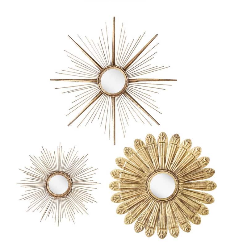HomeRoots Set of Three Gold Metal Sunburst Geometric Framed Accent Mirrors - 22.00 in. x 22.00 in. x 2.00 in.
