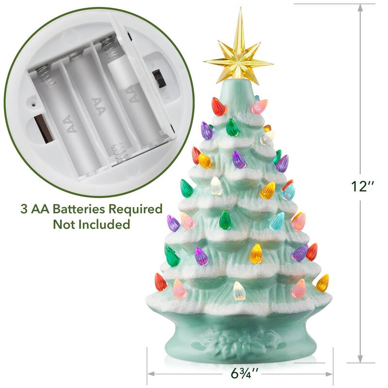 12in Hand Painted Ceramic Christmas Tree PreLit Tree with Star