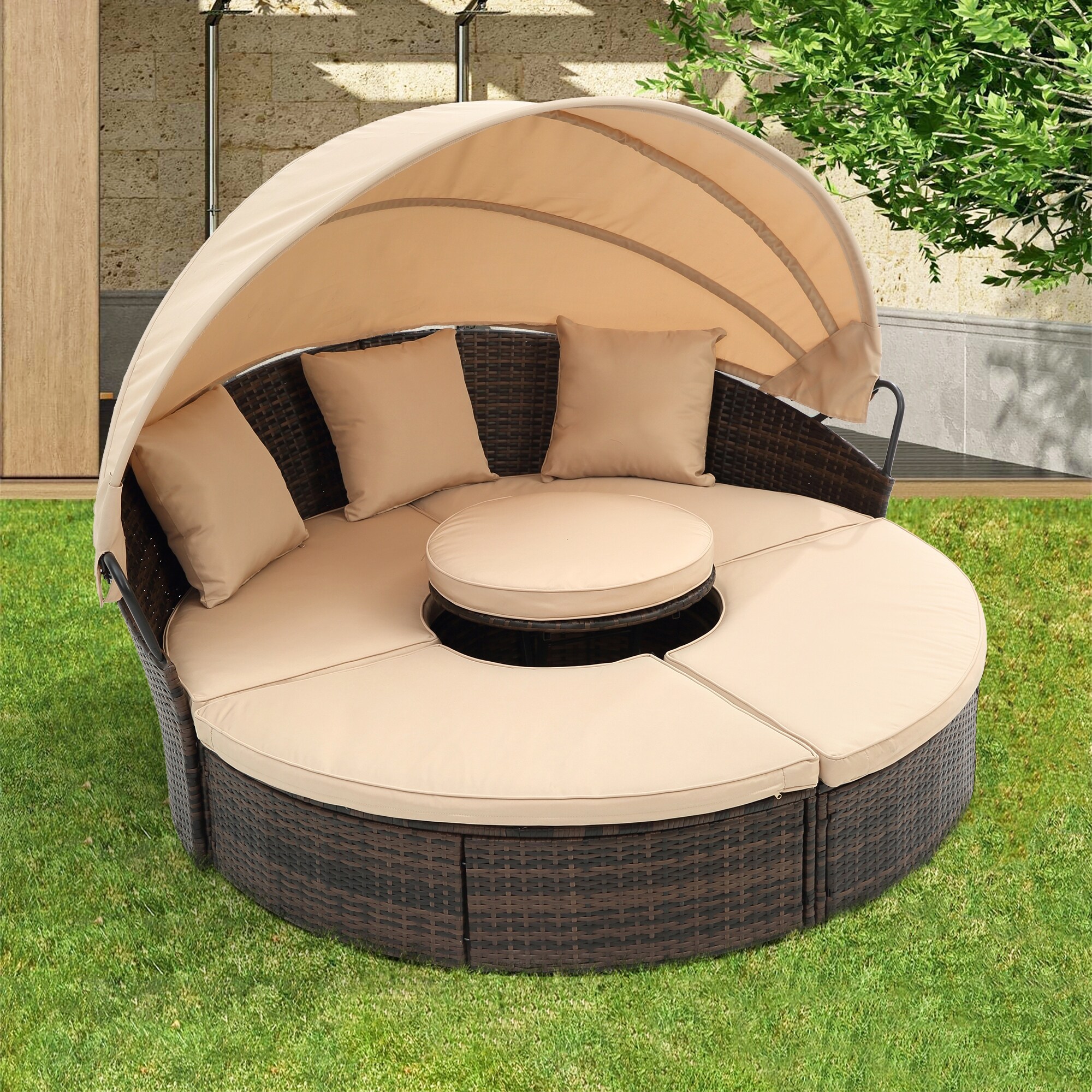 Rattan Round Lounge With Canopy Bali Canopy Bed Outdoor Wicker Outdoor Sofa Bed with lift coffee table