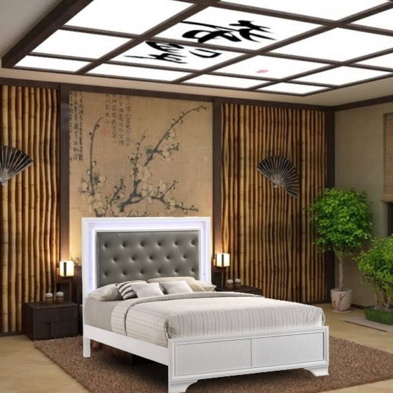 Glam Style queen bed White platform Solid Wood led bed