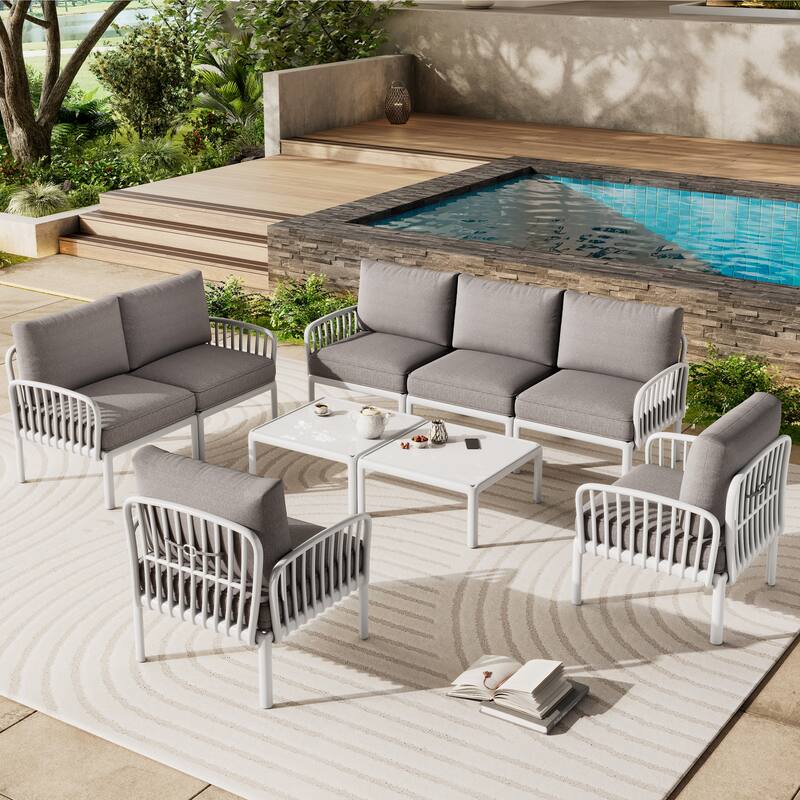 9 Piece Outdoor Sectional Furniture Set, Patio Conversation Sets with Two Square Coffee Table and Thick Cushion Deep Seat - White+gray