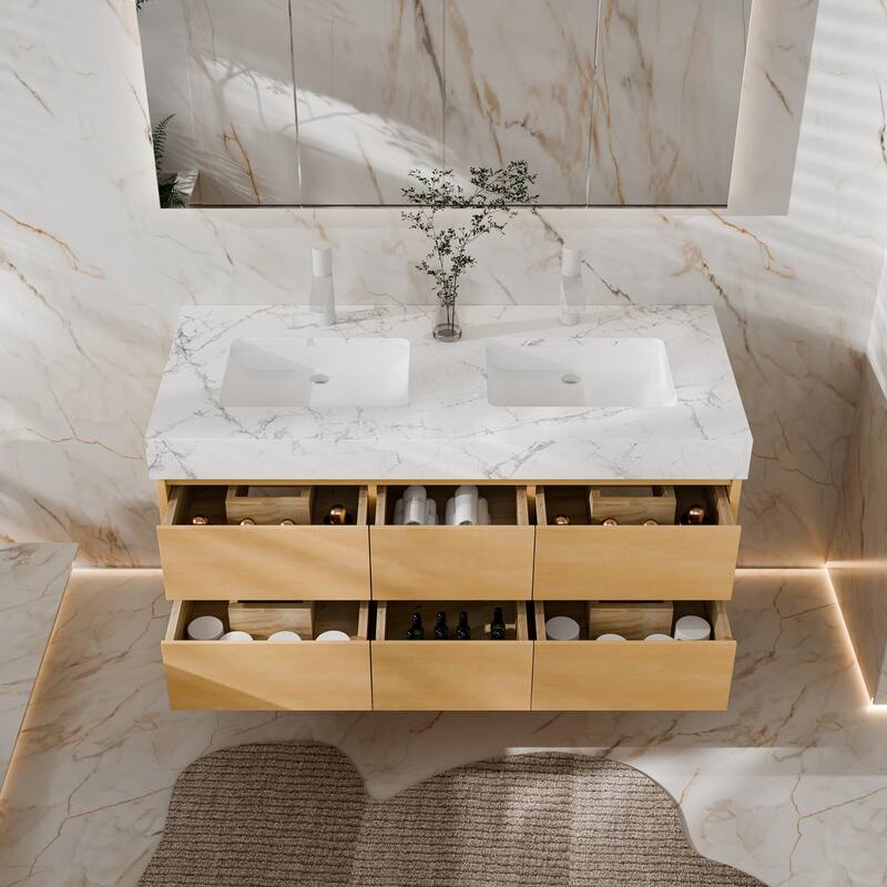 Modland 48" Wall-Mount Double Vanity with LED Lights & 6 Soft-Close Drawers - Engineered Stone Top, Maple Finish - 48 inch