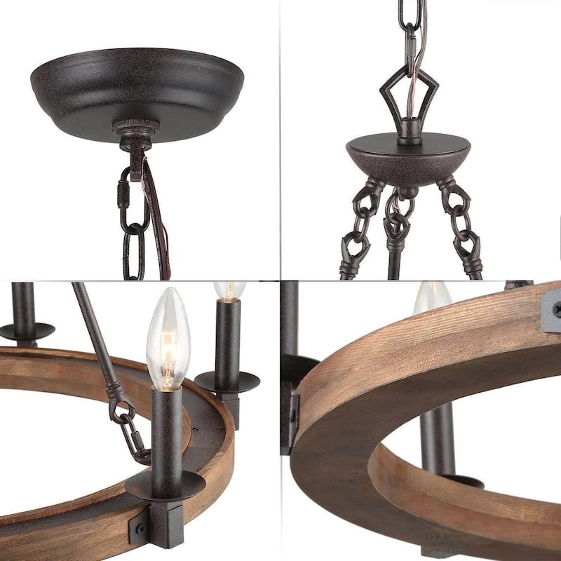 Modern Farmhouse 6-Light Wagon Wheel Chandelier Rustic Wood Kitchen Island Light for Dining Room