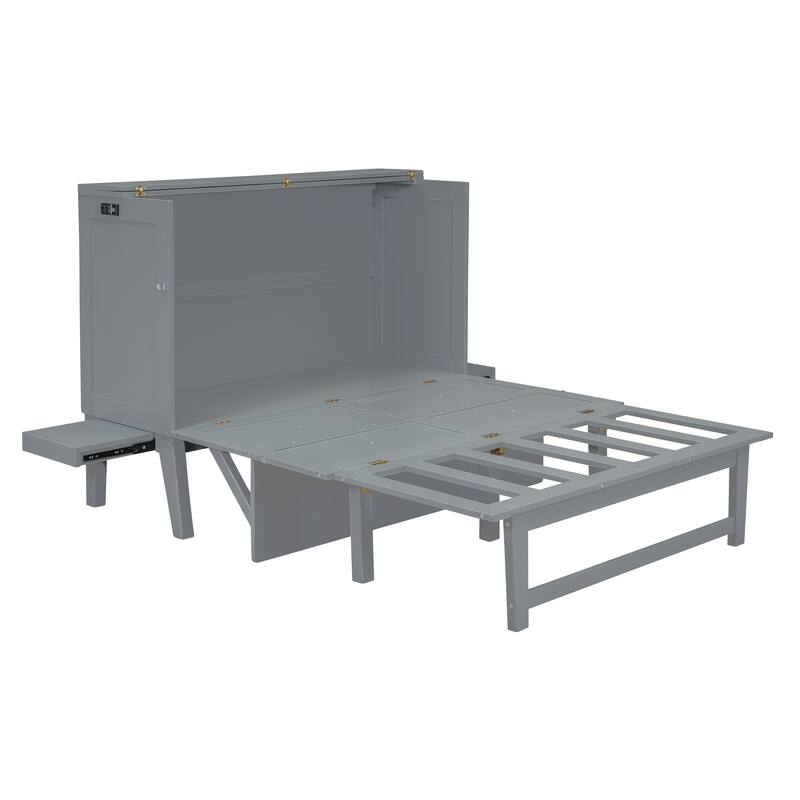 Full Size Murphy Bed with USB Port, Solid Wood Murphy Chest Bed, Platform Murphy Bed Frame with Removable Shelves On Each Side