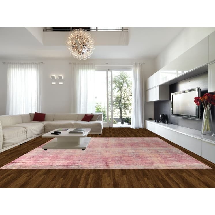 Abstract Indian Square Area Rug Handmade Silk Carpet - 13'11"x 13'9"