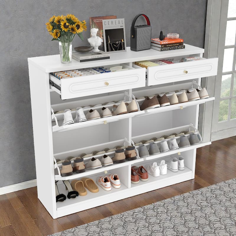 Wooden Shoe Cabinet with 4 Flip Drawers and 2 Storage Drawers, Farmhouse Shoe Storage Cabinet for Entryway Hallway