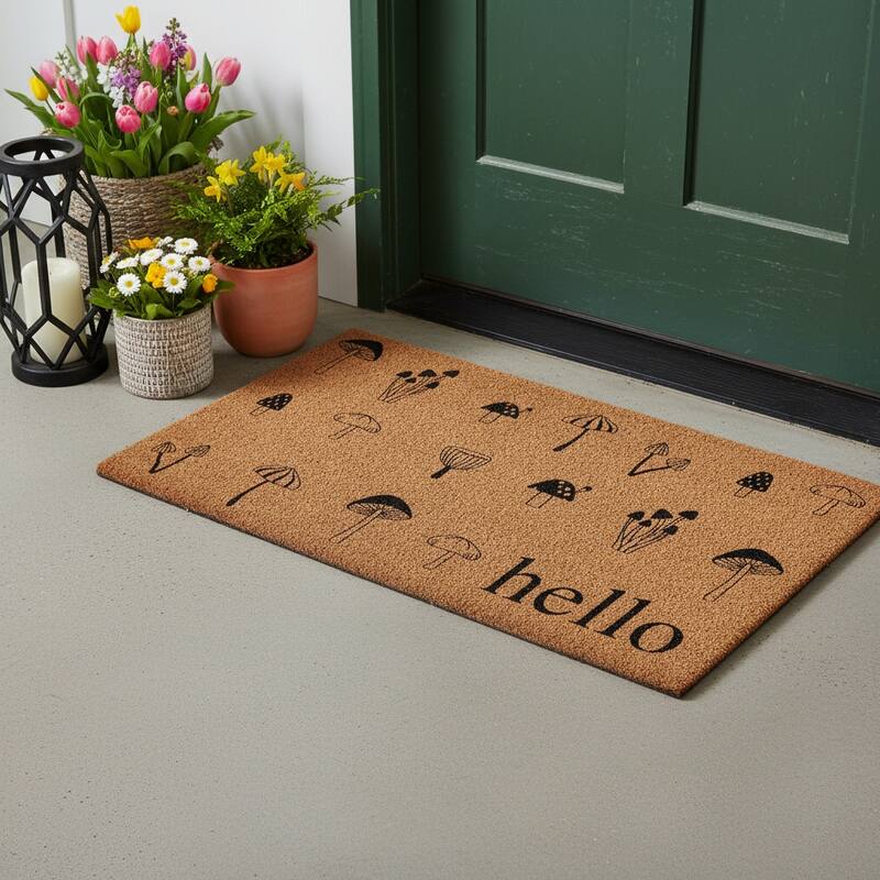 HomeRoots 17" X 29" Brown And Black Mushrooms Hello Outdoor Coir Door Mat - 17.00' X '29.00 - 17.00' X '29.00
