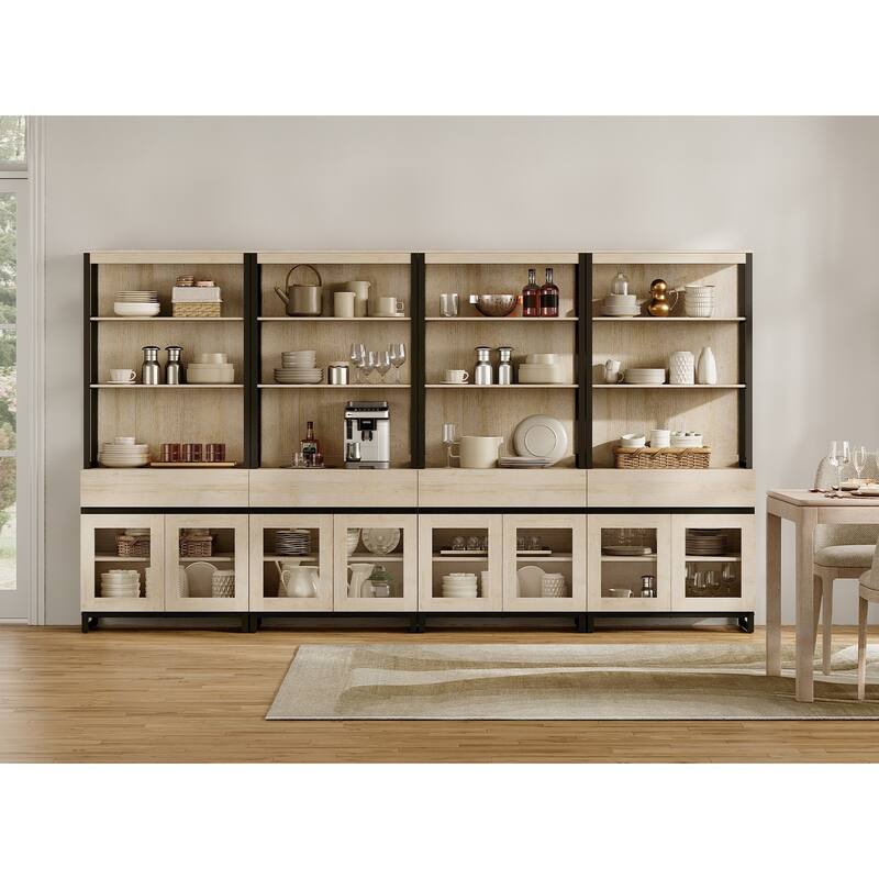 4 PCS Modern 72" Tall Buffet Cabinet with 4 Drawers and Open Shelves, Storage Cabinet for Dining Room or Kitchen - 72inches - Beige