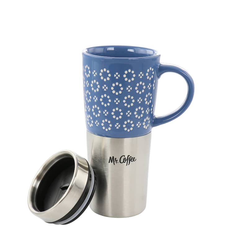 16 Ounce Stoneware and Stainless Steel Travel Mug With Lid in Blue