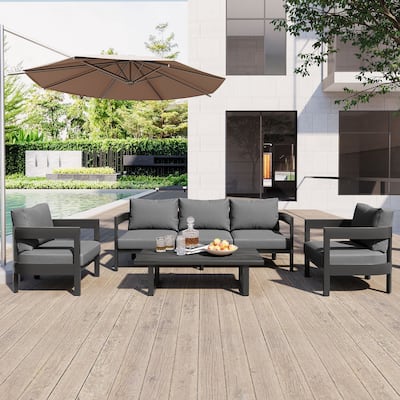 Gray Outdoor Seating Set with Thick Cushions Iron Frame Plastic Wood Table for Patios Lawns Poolside