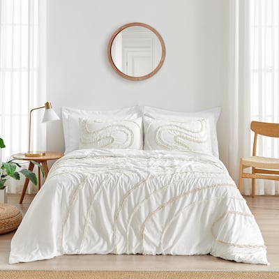 Sweet Jojo Designs Boho Tufted Swirl Queen Duvet Cover Bedding Set Neutral Ivory Bohemian Pattern Geometric Abstract Unisex