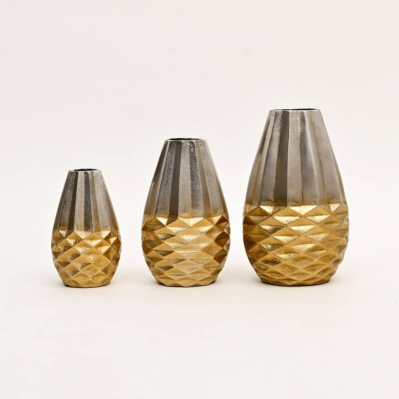 Set of 3 Golden Beehive Design Aluminum Vases - Gold & Nickel Finish Table Accents