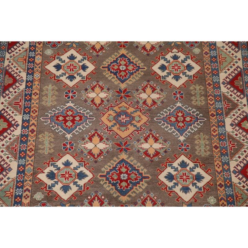 Geometric Brown Kazak Area Rug Handmade Wool Carpet - 6'7" x 9'10"