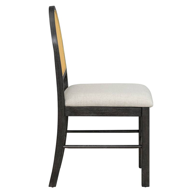 7-Piece Farmhouse Dining Table Set with Distressed Oak Veneer and Upholstered Rattan Chairs for Gatherings