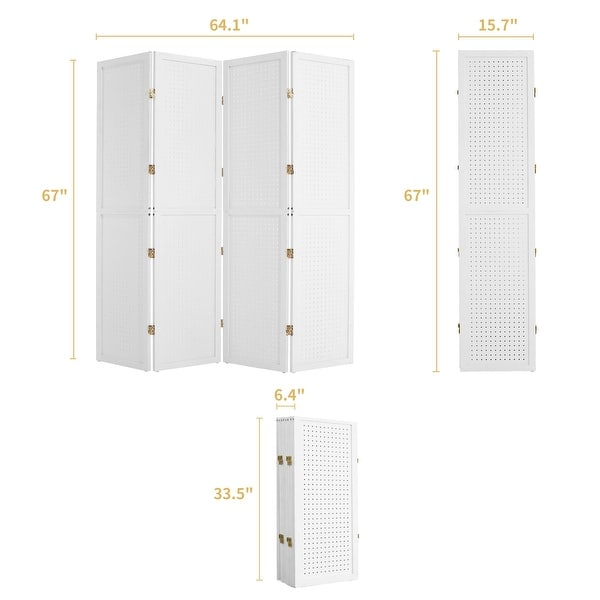 dimension image slide 2 of 3, 4 Panel Pegboard Display Room Divider 5.6 FT Wooden Foldable Privacy Screen, Wood Room Divider