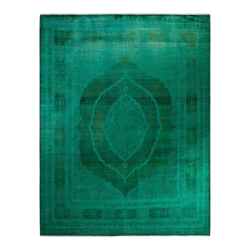 Overton Hand Knotted Wool Vintage Inspired Modern Contemporary Overdyed Green Area Rug - 9' 3" x 11' 10"